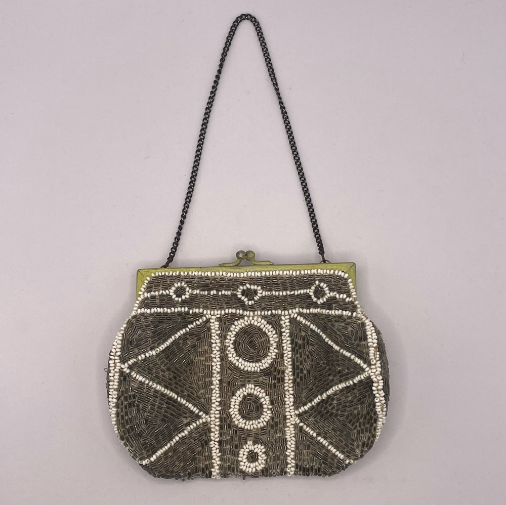 Vintage Art Deco Silver & White Beaded Mini Evening Bag / Clutch